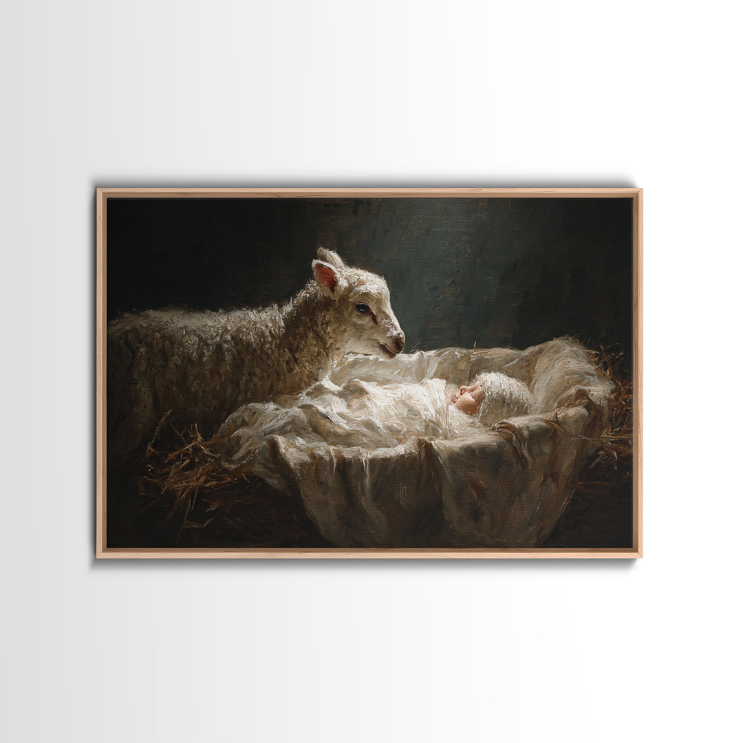 Holy Night Lamb – Framed Canvas Print – Christian Wall Art – Jesus Painting – Christian Christmas Art – Christian Art Canvas – Christmas Wa
