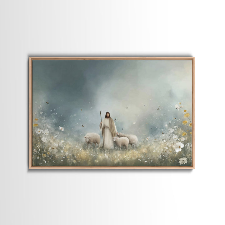 Shepherd’s Meadow – Framed Canvas Print – Christian Art Canvas – Christian Art – Jesus Painting – Christian Wall Art – Christian Christmas