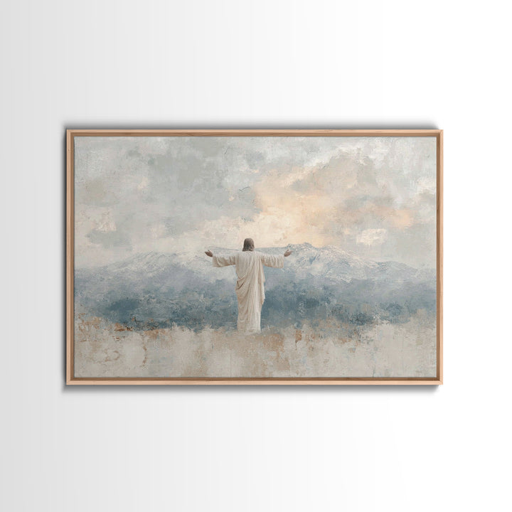 Mountain Dawn Savior – Framed Canvas Print – Christian Wall Art – Subtle Christian Art – Jesus Painting – Christian Art Canvas – Christian