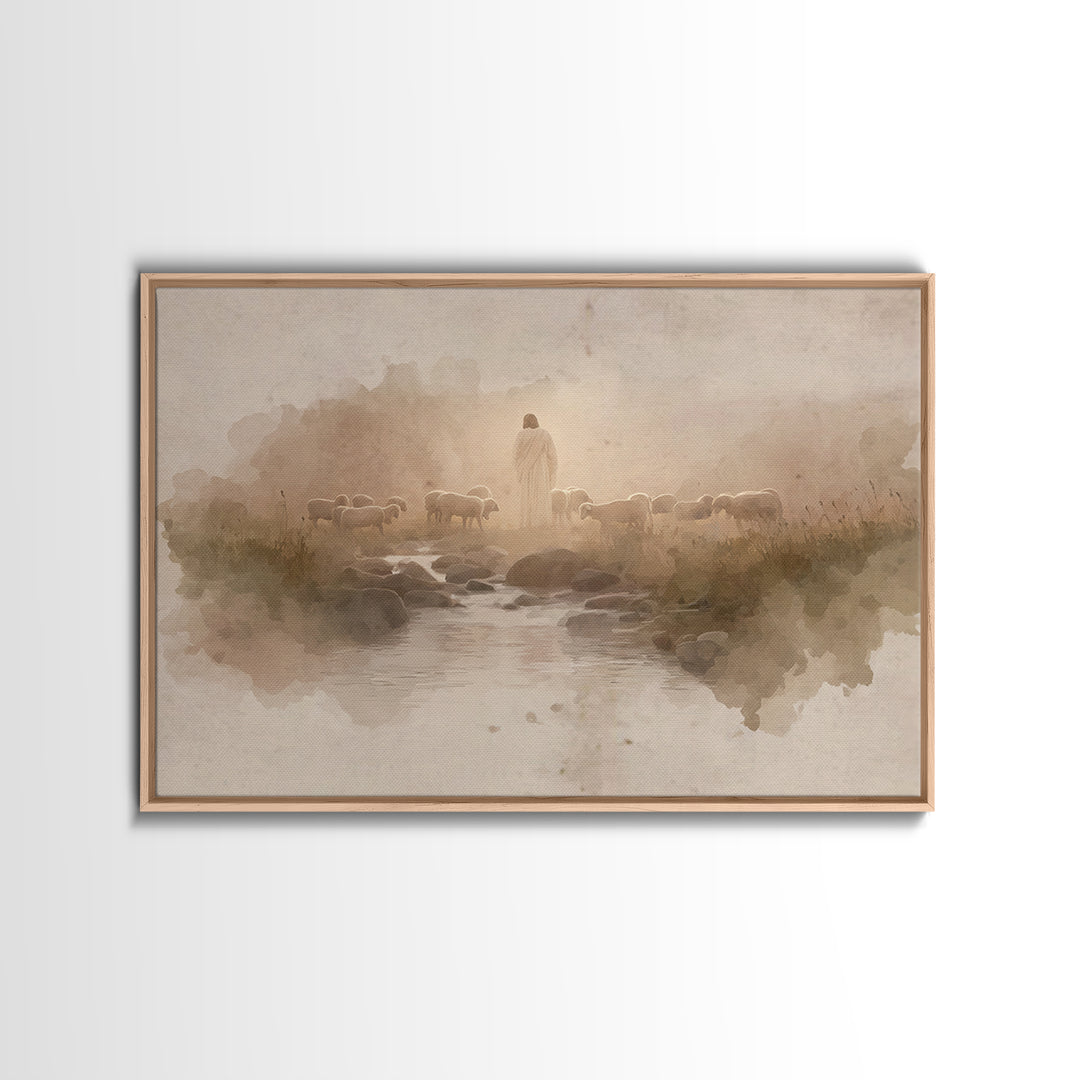 Golden Pastures Guide – Framed Canvas Print – Christian Wall Art – Jesus Painting – Christian Art Canvas – Pastoral Scenery – Christian Gif