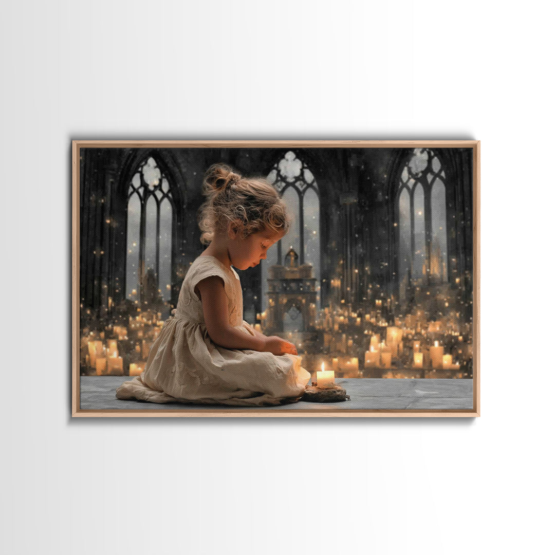 Cathedral Candle Prayer – Framed Canvas Print – Christian Art Canvas – Christian Wall Art – Moody Christian Art – Christian Christmas Art