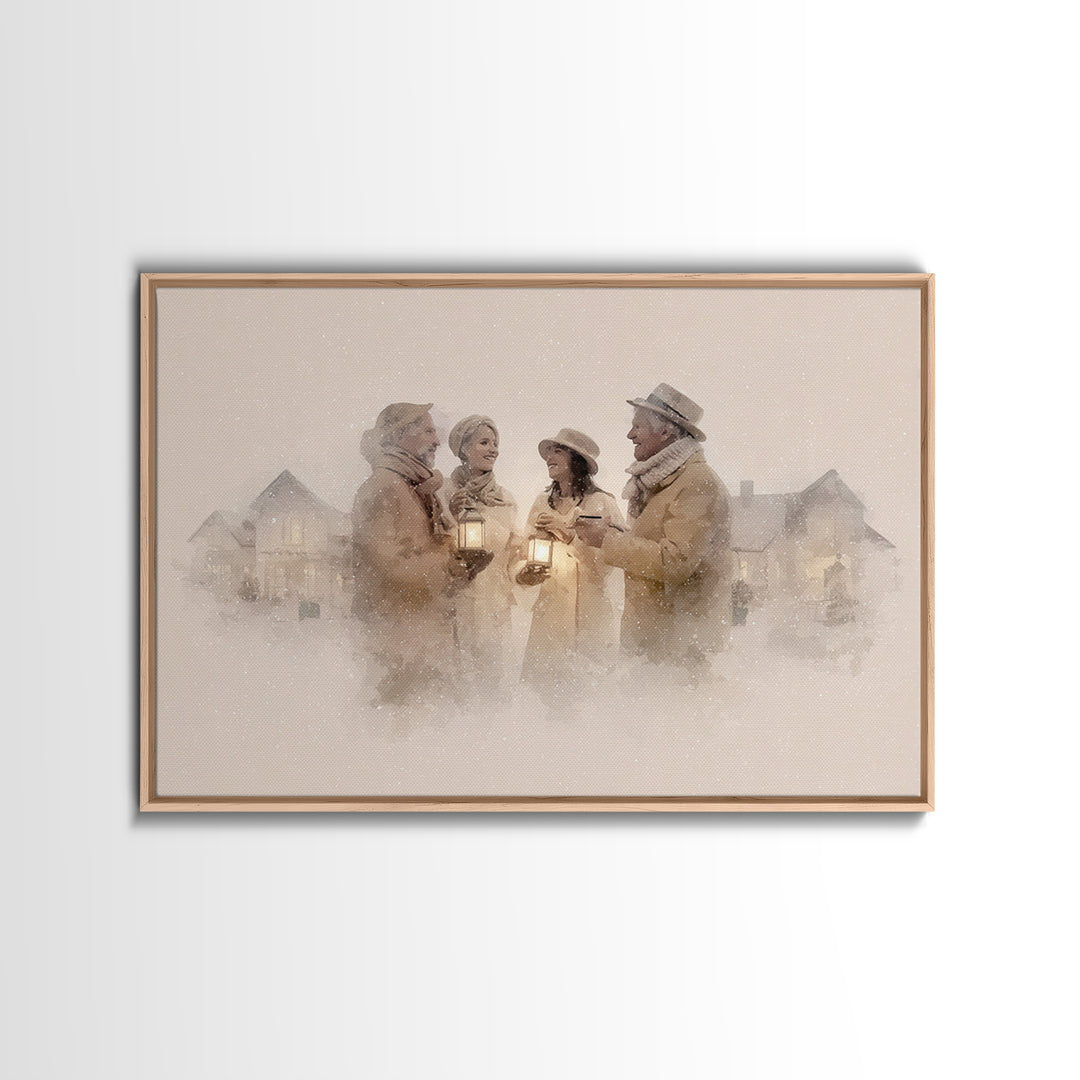 Lantern Gathering | Framed Canvas Print | Christmas Wall Art | Christian Christmas Art | Christmas Art Canvas | Retro Christmas Art | Holid