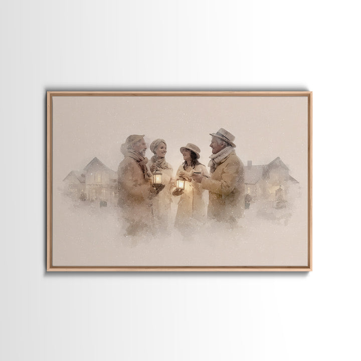Lantern Gathering | Framed Canvas Print | Christmas Wall Art | Christian Christmas Art | Christmas Art Canvas | Retro Christmas Art | Holid