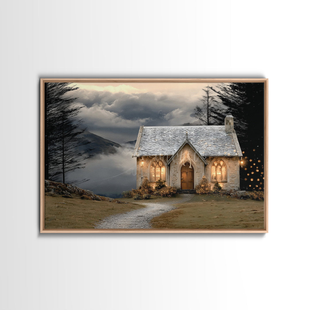 Mountain Chapel Light – Framed Canvas Print – Christian Wall Art – Christian Art Canvas – Christmas Art – Christian Christmas Art – Holiday