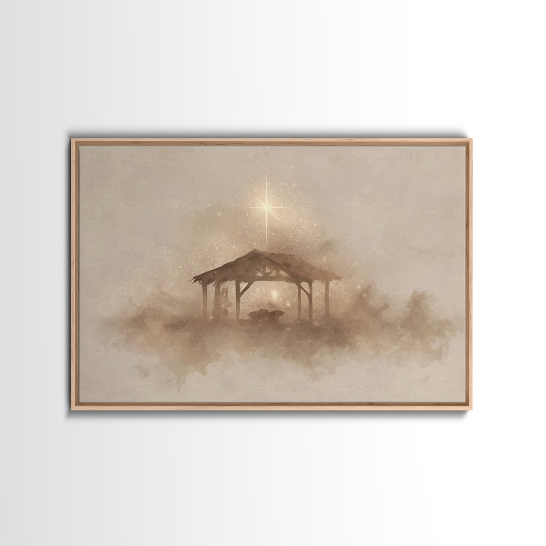 Starlit Manger – Framed Canvas Print – Christmas Art – Christian Christmas Art – Christian Art Canvas – Christian Decor – Christian Wall Ar