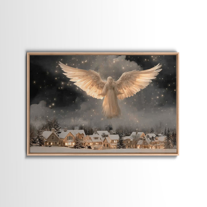 Heavenly Night Watch – Framed Canvas Print – Christmas Wall Art – Christian Art Print – Moody Christmas Art – Christian Decor