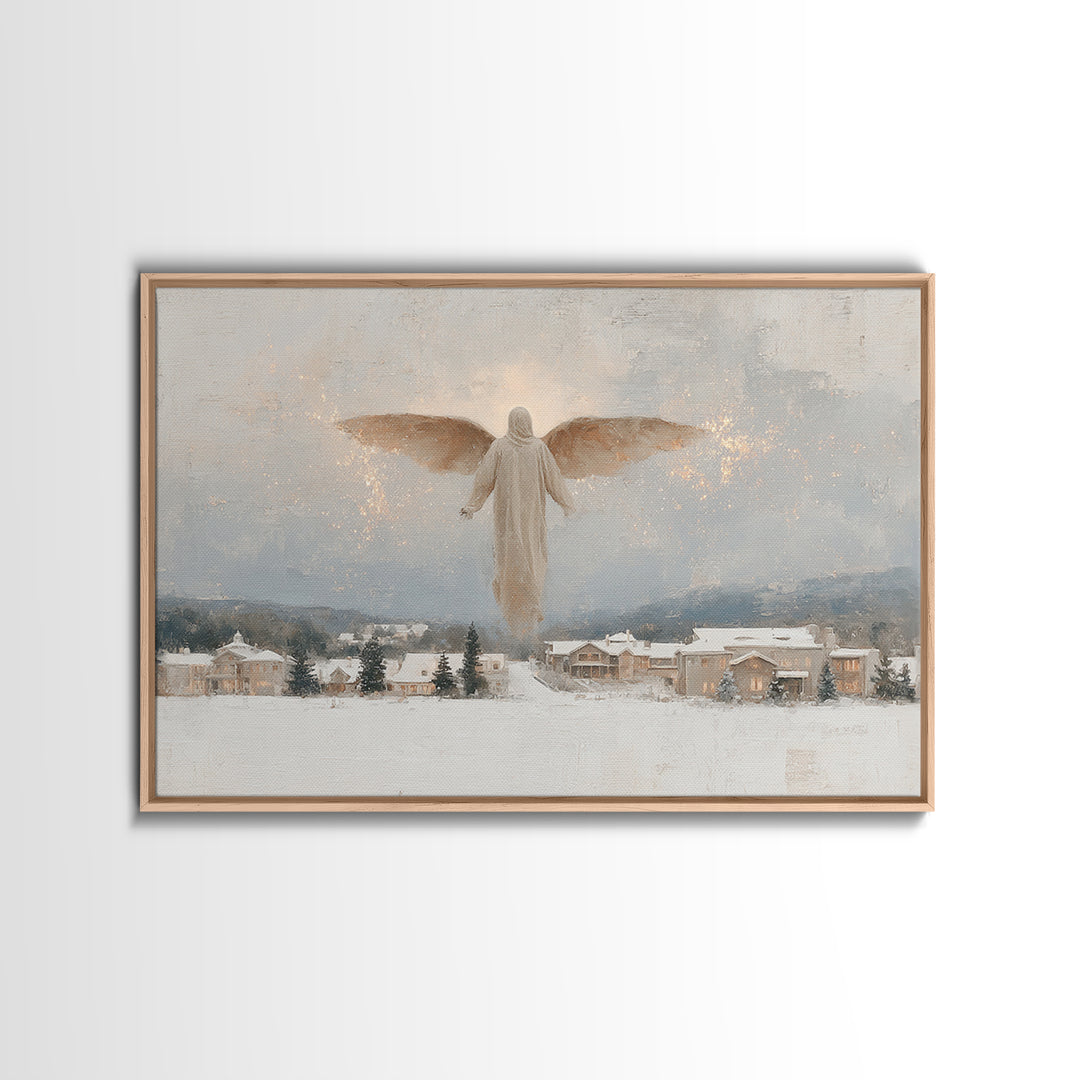 Snowfall Guardian – Framed Canvas Print – Christian Art Canvas – Christmas Art Prints – Vintage Christmas Art – Christian Wall Art