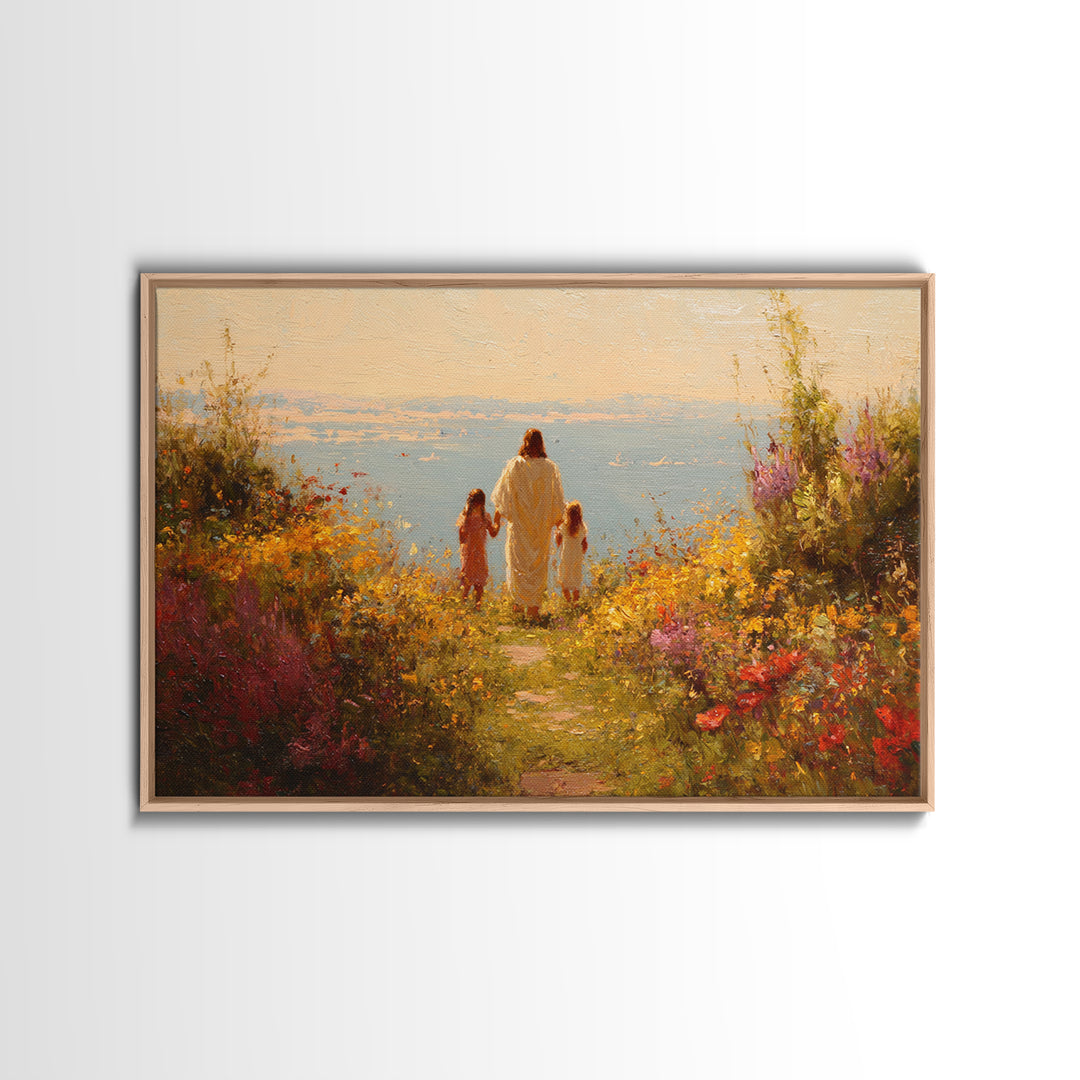 Golden Blossom Walk | Framed Canvas Print | Christian Wall Art | Jesus Painting | Christian Art Work | Bright Christian Art | Christian Chr