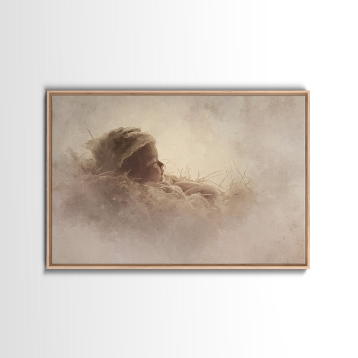 Silent Nativity Glow, Framed Canvas Print, Christian Christmas Art, Birth Of Jesus Painting, Christian Art Print, White Christmas Art, Chri