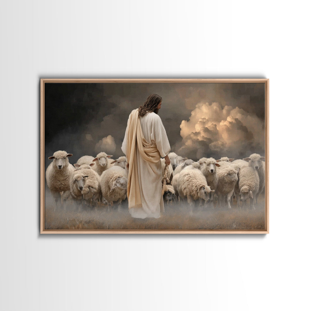 Guiding Shepherd Light, Framed Canvas Print, Christian Art Canvas, Large Jesus Painting, Moody Christian Art, Christian Wall Art, Christian