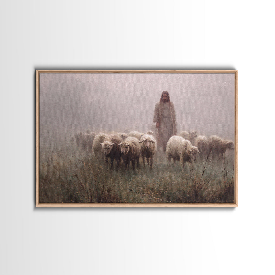 Misty Flock Dawn – Framed Canvas Print – Christian Paintings – Jesus Art Print – Pastoral Scenery – Modern Christian Art – Christian Wall A