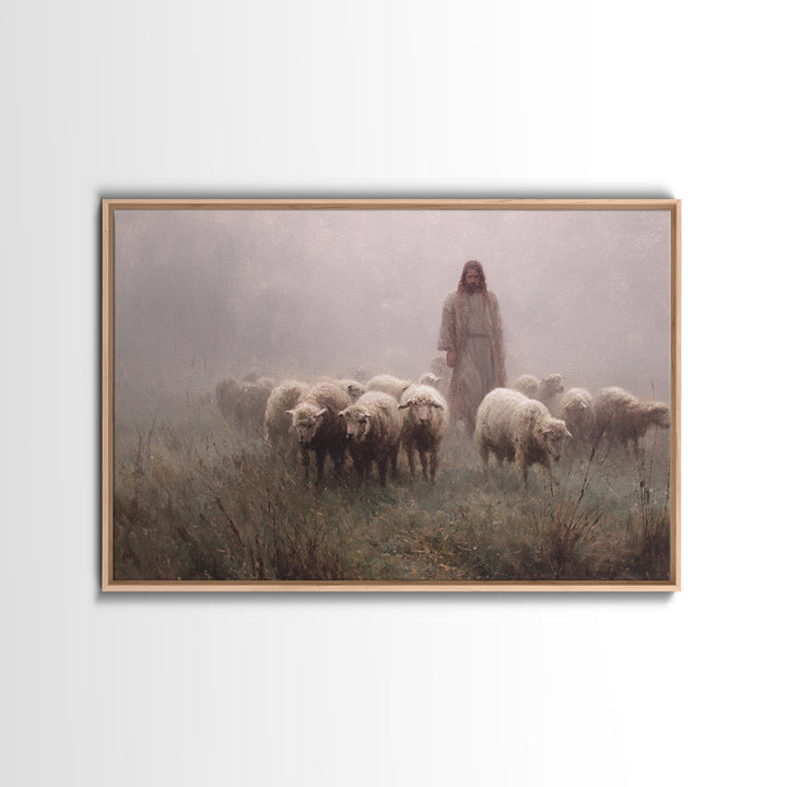 Misty Flock Dawn – Framed Canvas Print – Christian Paintings – Jesus Art Print – Pastoral Scenery – Modern Christian Art – Christian Wall A
