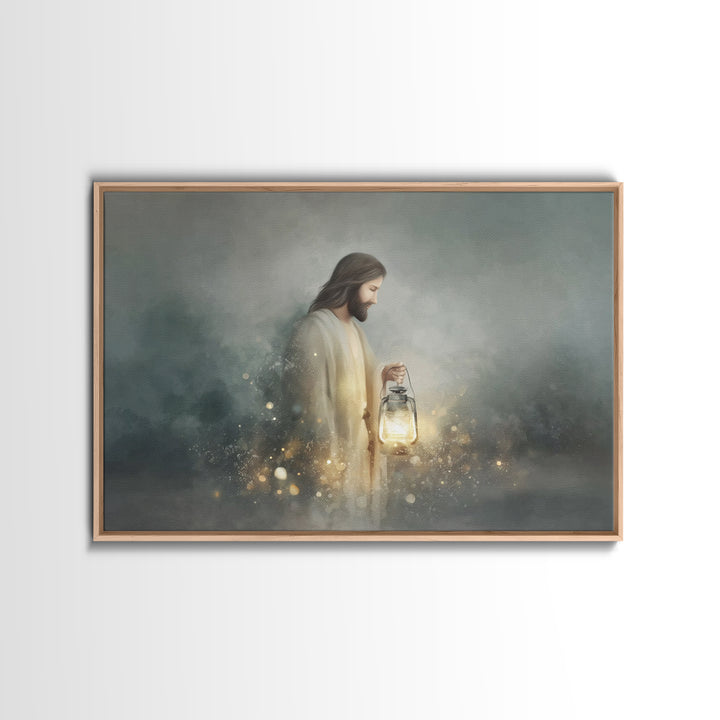 Guiding Lantern Light – Framed Canvas Print – Christian Wall Art – Jesus Painting – Christian Art Canvas – Christian Christmas Art – Modern