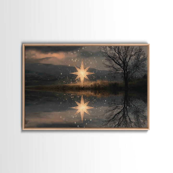 Guiding Star Glow – Framed Canvas Print – Christian Wall Art – Christian Christmas Art – Jesus Painting – Modern Christian Art – Christmas