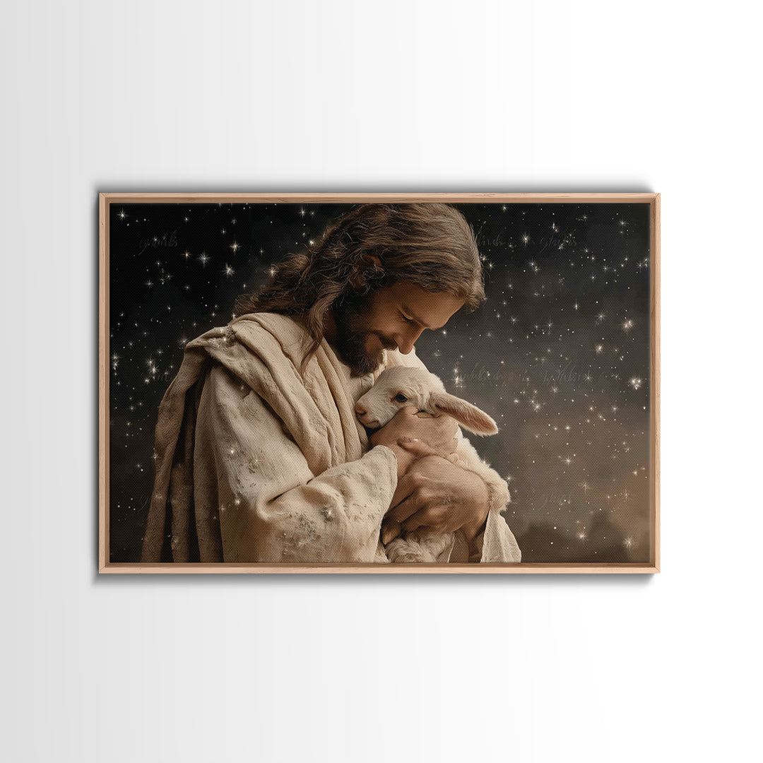 Starry Night Shepherd, Framed Canvas Print, Jesus Wall Art, Christian Art Canvas, Christian Wall Art, Christian Gift, Moody Christian Art