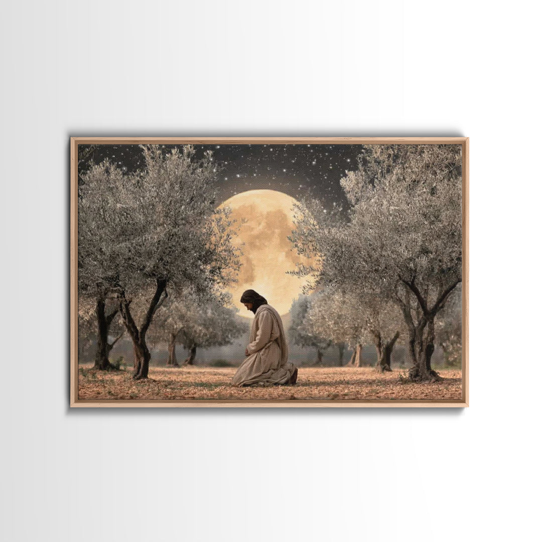 Moonlit Devotion - Framed Canvas Print - Christian Art Canvas - Jesus Painting - Christian Wall Art - Christian Christmas Art