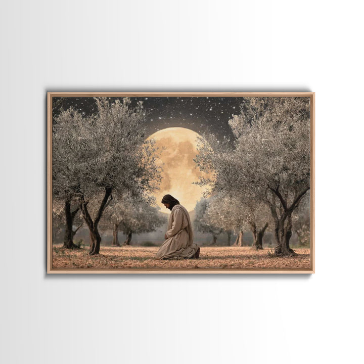 Moonlit Devotion - Framed Canvas Print - Christian Art Canvas - Jesus Painting - Christian Wall Art - Christian Christmas Art