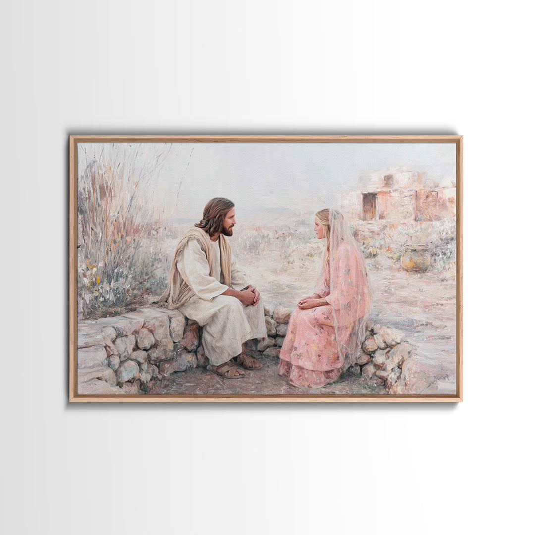 Riverside Mercy | Framed Canvas Print | Christian Art Canvas | Jesus Painting | Christian Wall Art | Soft Christian Art | Modern Christian