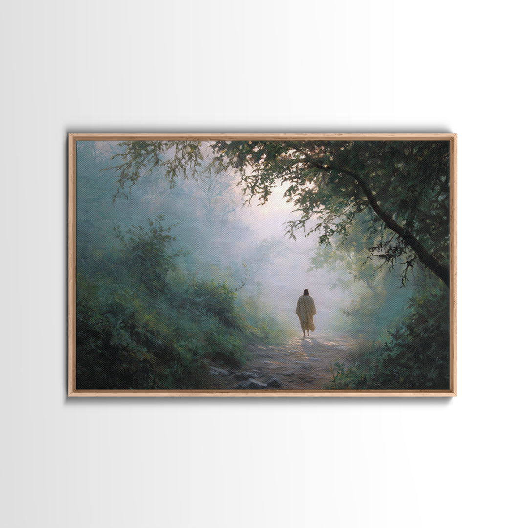 Forest Dawn Walk, Framed Canvas Print, Christian Wall Art, Christian Art Canvas, Jesus Painting, Moody Christian Art