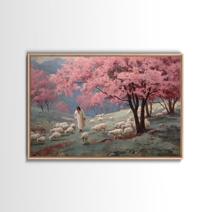 Spring Shepherd Path - Framed Canvas Print - Jesus Painting - Christian Wall Art - Christian Art Canvas - Vintage Christian Art