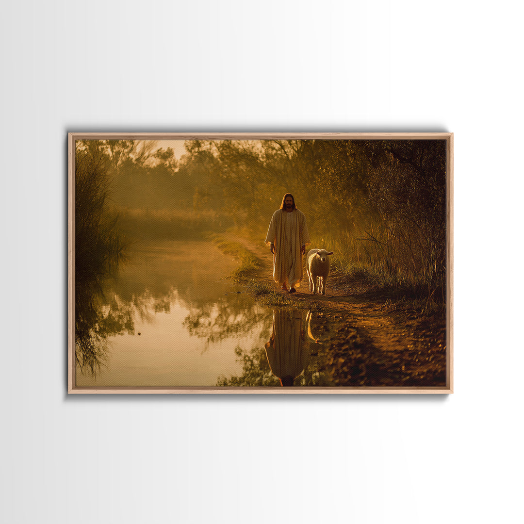 Golden River Peace, Framed Canvas Print, Jesus Painting, Christian Wall Art, Christian Art Canvas, Modern Christian Art