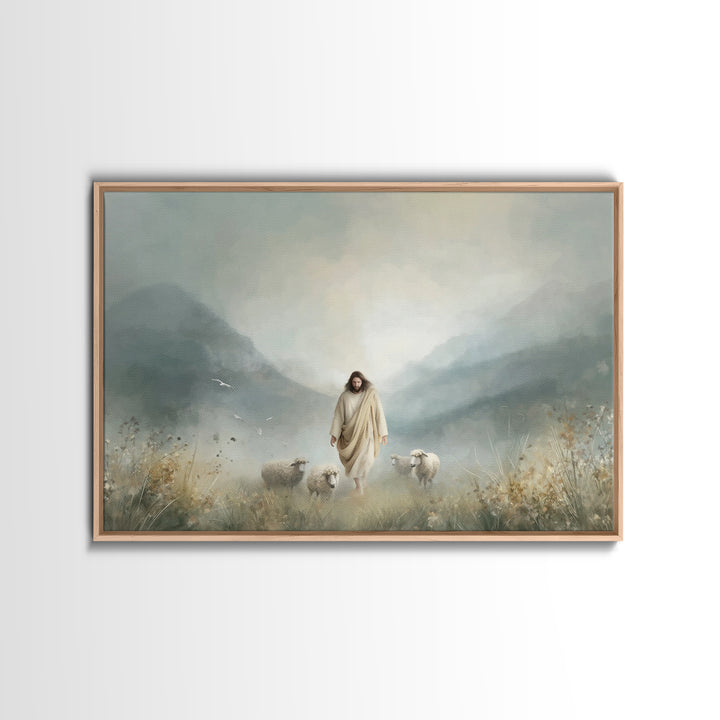 Evening Flock, Framed Canvas Print, Christian Wall Art, Jesus Painting Canvas, Moody Christian Art, Christian Decor, Large Christian Painti