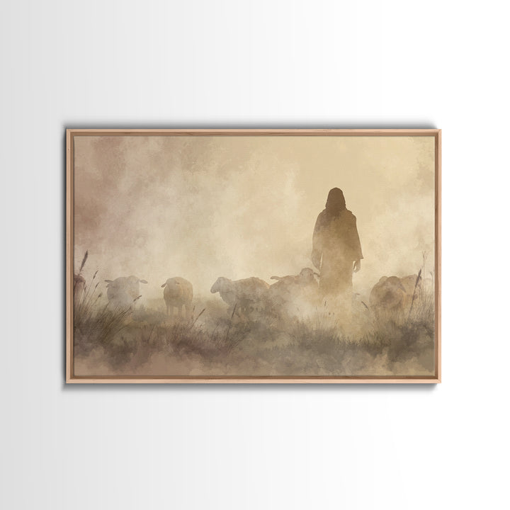 Misty Shepherd – Framed Canvas Print – Christian Wall Art – Jesus Painting – Christian Art Canvas – Moody Christian Art – Christian Gift Id