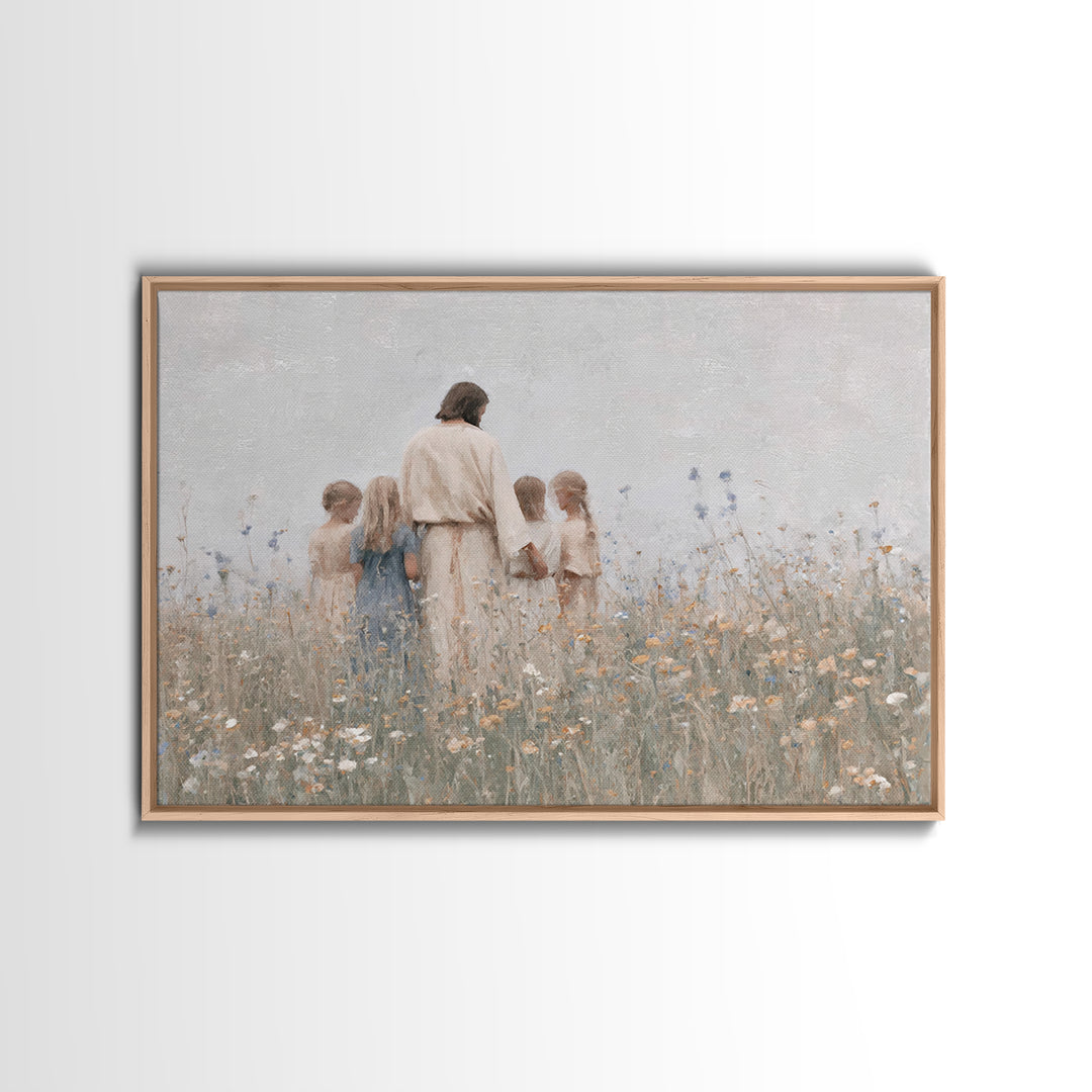 Gentle Meadow Light, Framed Canvas Print, Jesus Painting, Christian Art Canvas, Christian Wall Art, Minimalist Christian Art, Christian Gif