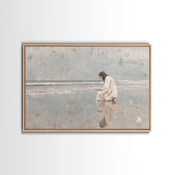Shoreline Prayer, Framed Canvas Print, Christian Wall Art, Jesus Painting, Christian Art Canvas, Large Christian Art, Modern Christian Art
