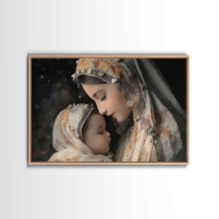 Starry Motherhood | Framed Canvas Print | Christian Wall Art | Mary And Jesus Painting | Christian Art Canvas | Christian Art
