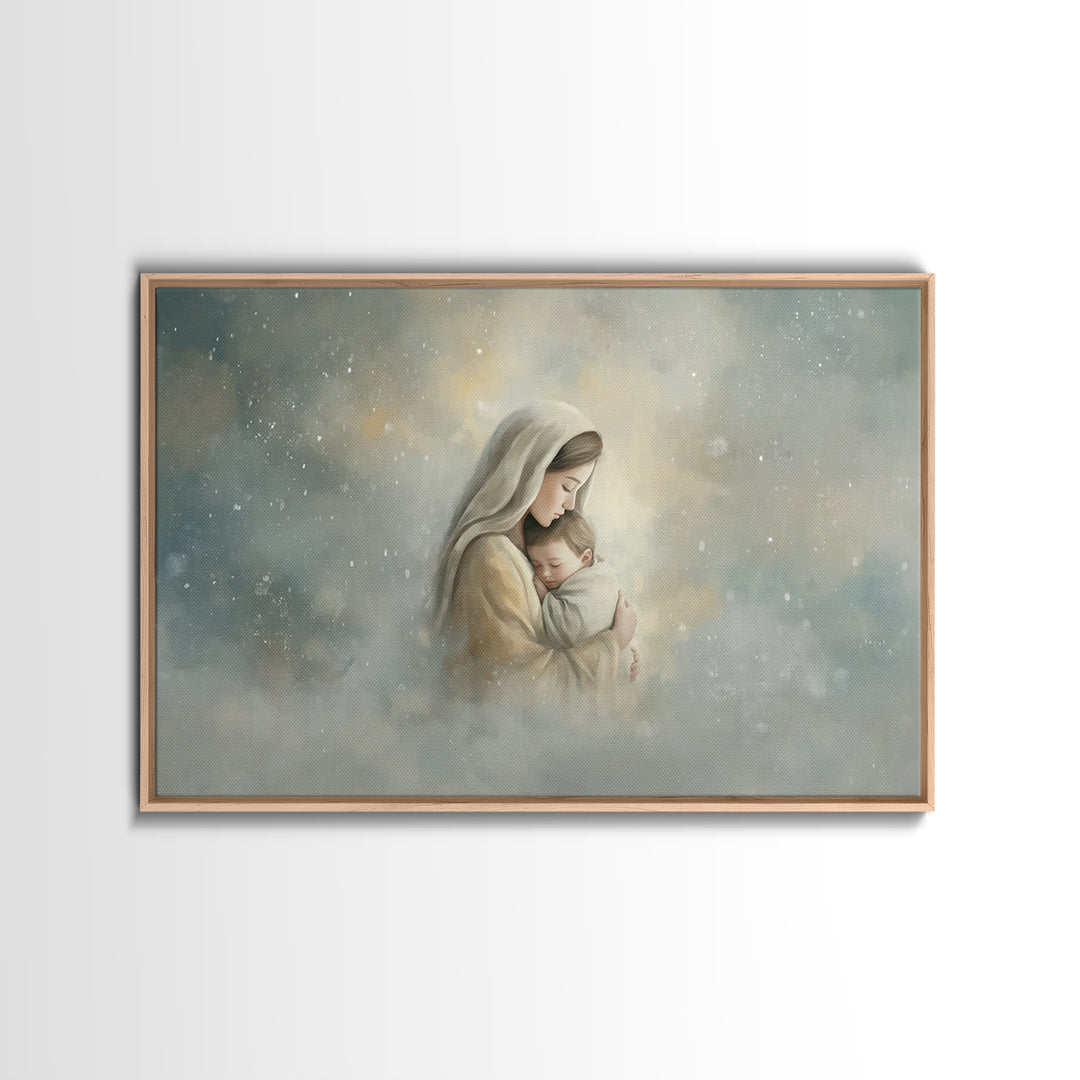 Heavenly Embrace | Framed Canvas Print | Christian Art Canvas | Christian Wall Art | Christian Art | Mary And Jesus Painting