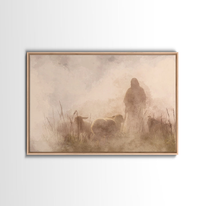 Shepherd In The Mist – Framed Canvas Print – Christian Art Canvas – Christian Wall Art – Jesus Painting – Moody Christian Art – Christian G