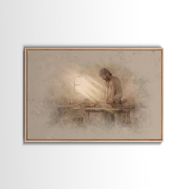 Carpenter’s Light – Framed Canvas Print – Christian Wall Art – Jesus Painting – Christian Art Canvas – Minimalist Christian Art – Christian