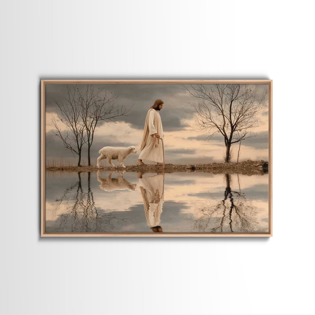 Shepherd’s Quiet Walk, Framed Canvas Print, Christian Wall Art, Jesus Painting, Christian Art Canvas, Christian Christmas Art, Christian De