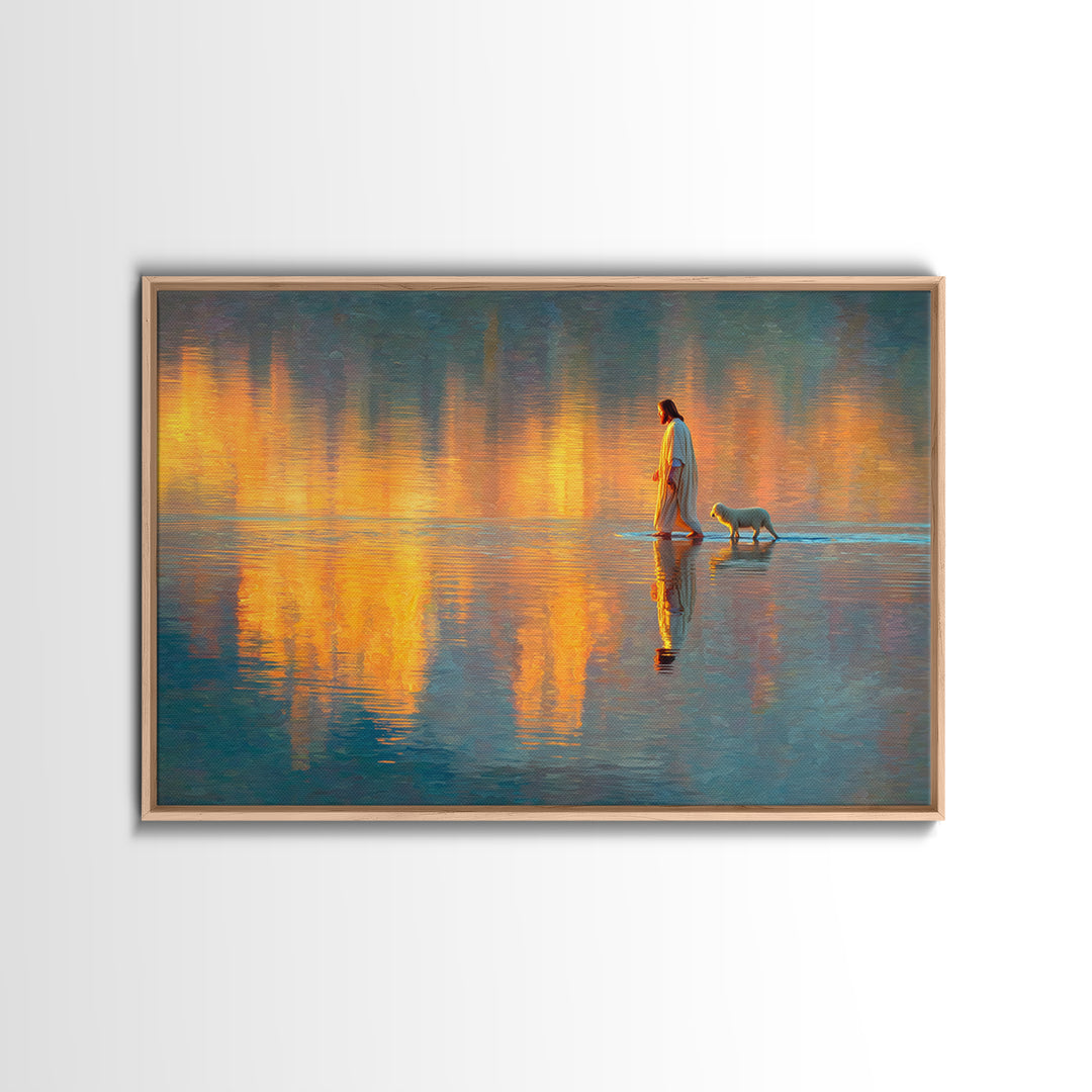 Golden Dawn Reflections | Framed Canvas Print | Christian Wall Art | Jesus Painting | Christian Art Canvas | Modern Christian Art | Christi