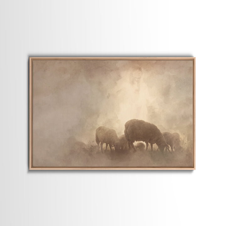 Heavenly Pasture Light, Framed Canvas Print, Christian Wall Art, Christian Art Canvas, Jesus Painting, Subtle Christian Art, Christian Gift