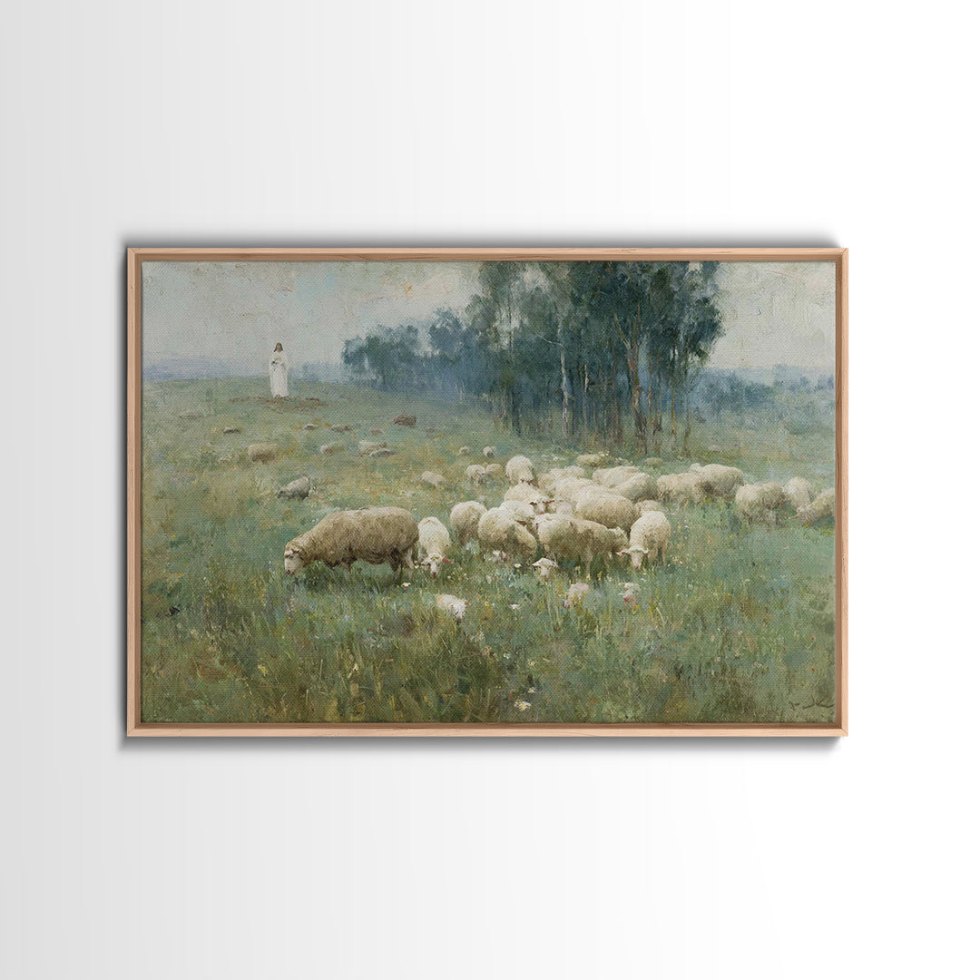 Hillside Shepherd Calm | Framed Canvas Print | Christian Art Print | Christian Wall Art | Jesus Painting | Vintage Christian Art | Christia