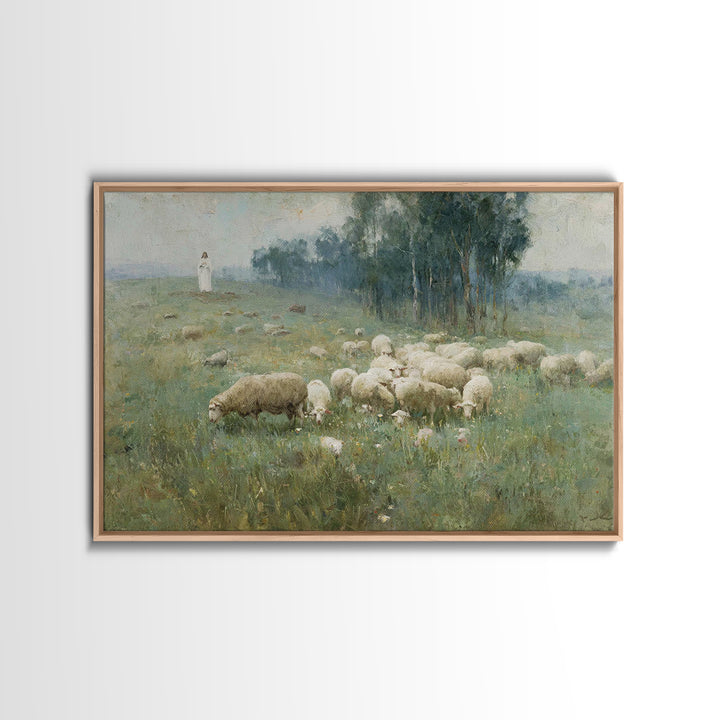 Hillside Shepherd Calm | Framed Canvas Print | Christian Art Print | Christian Wall Art | Jesus Painting | Vintage Christian Art | Christia