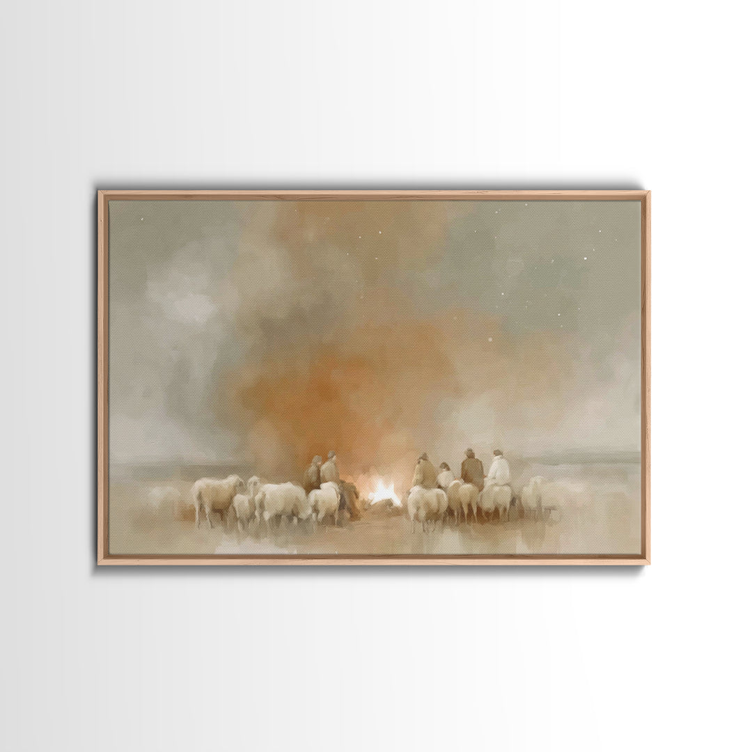 Fireside Shepherd Night | Framed Canvas Print | Christian Wall Art | Christian Art Canvas | Christmas Art | Christian Christmas Decor | Chr