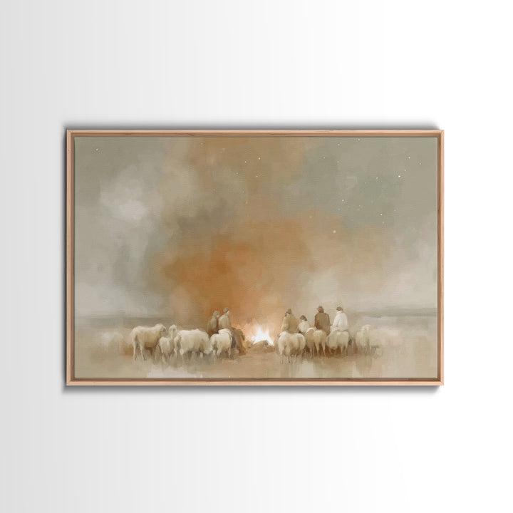 Fireside Shepherd Night | Framed Canvas Print | Christian Wall Art | Christian Art Canvas | Christmas Art | Christian Christmas Decor | Chr