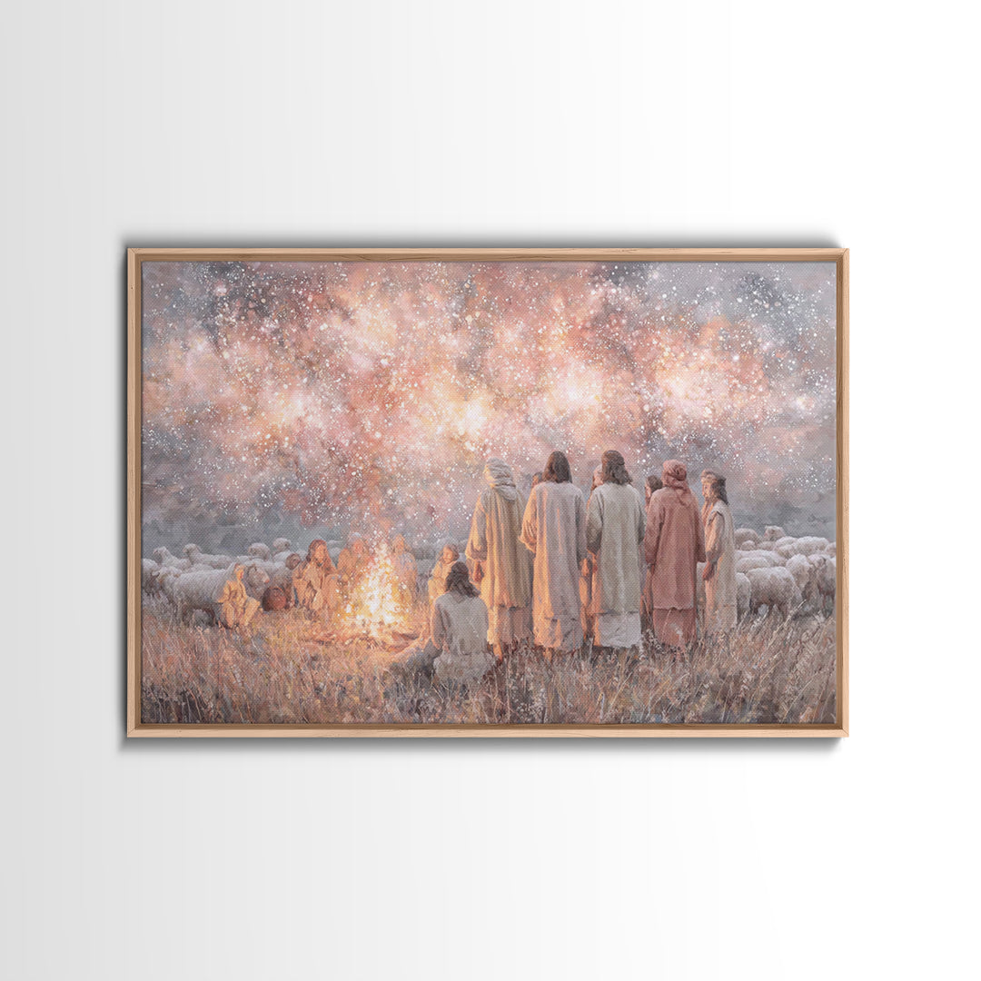 Celestial Gathering Light, Framed Canvas Print, Christian Wall Art, Christian Art Canvas, Christian Christmas Art, Jesus Painting, Modern C