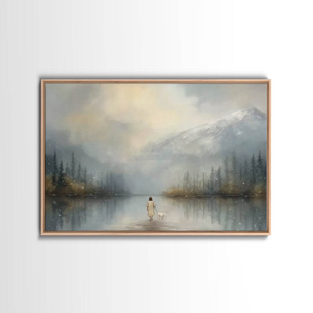 Misty Shepherd Path, Framed Canvas Print, Christian Art Print, Jesus Painting Canvas, Christian Gift Ideas, Modern Christian Art, Christmas