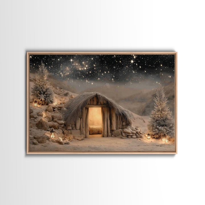 Starry Stable Wonder – Framed Canvas Print – Christian Christmas Art – Christmas Canvas Wall Art – Christian Decor – Christian Art Canvas –