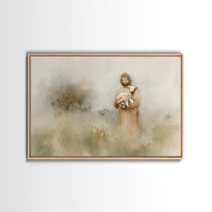 Soft Meadow Shepherd – Framed Canvas Print – Minimalist Christian Art – Christian Wall Art – Christian Art Canvas – Subtle Christian Painti