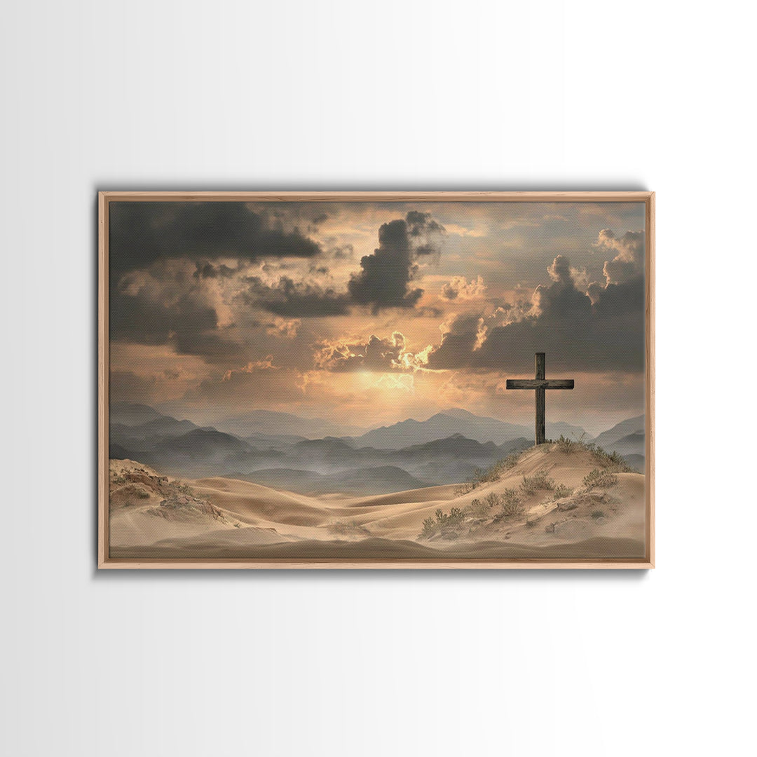 Desert Cross Stillness, Framed Canvas Print, Christian Wall Art, Christian Art Painting, Moody Christian Art, Christian Art Canvas, Jesus P
