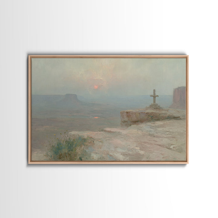 Cliffside Cross Peace, Framed Canvas Print, Christian Painting, Christian Wall Art, Christian Art Canvas, Vintage Christian Art, Christian