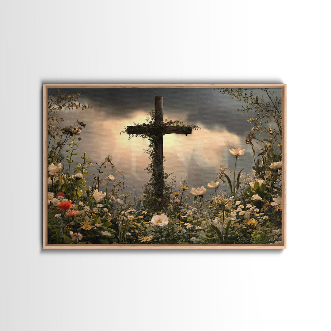 Cross Of Renewal – Framed Canvas Print – Christian Wall Art – Christian Art Canvas – Christian Paintings – Floral Christian Art – Christian