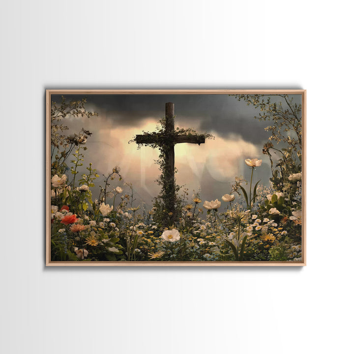 Cross Of Renewal – Framed Canvas Print – Christian Wall Art – Christian Art Canvas – Christian Paintings – Floral Christian Art – Christian
