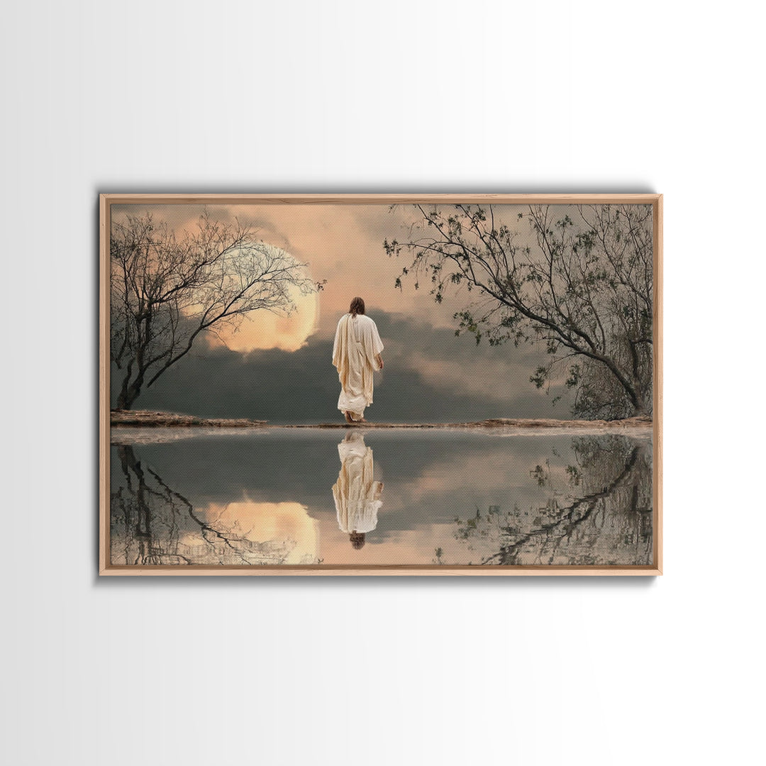 Moonlit Savior Walk, Framed Canvas Print, Christian Wall Art, Jesus Painting, Christian Art Print, Moody Christmas Art, Christian Decor