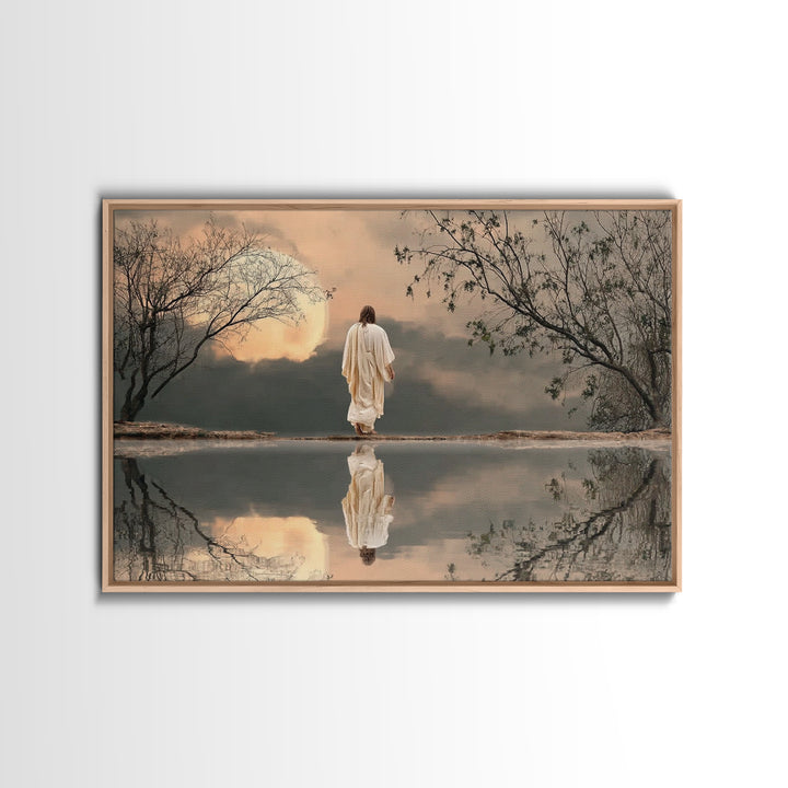 Moonlit Savior Walk, Framed Canvas Print, Christian Wall Art, Jesus Painting, Christian Art Print, Moody Christmas Art, Christian Decor